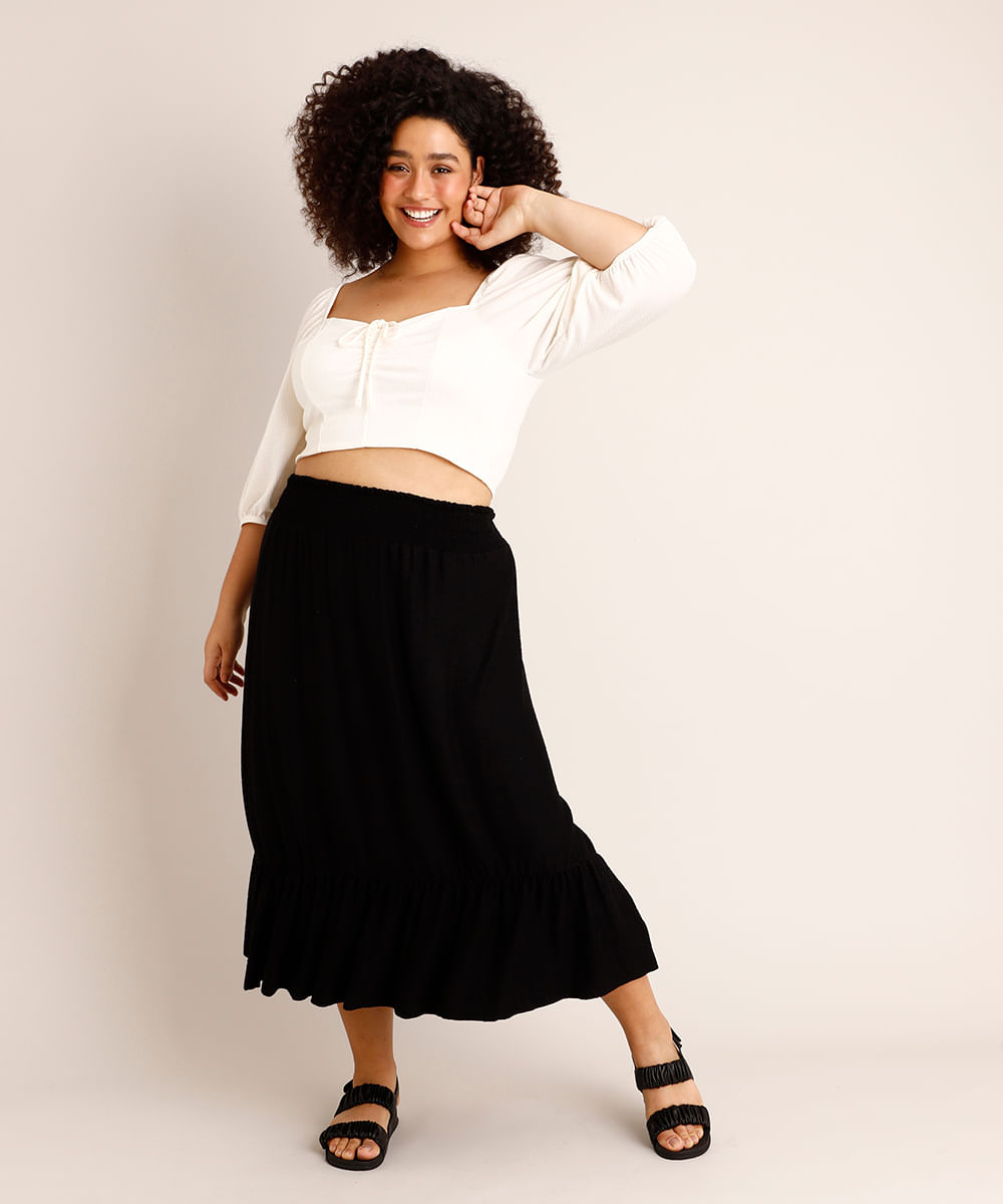 Saia Plus Size Midi com Lastex e Babado Preta