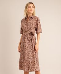 Vestido-Midi-Chemise-de-Algodao-Basico-Estampo-Animal-Print-com-Faixa-para-Amarrar-Manga-Curta-Bege-Escuro-9999119-Bege_Escuro_1