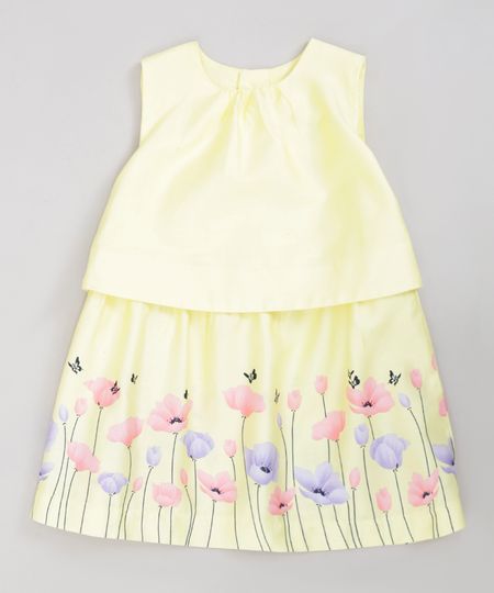 Vestido-Infantil-com-Flores-Sem-Manga-Decote-Redondo-Amarelo-9199667-Amarelo_1