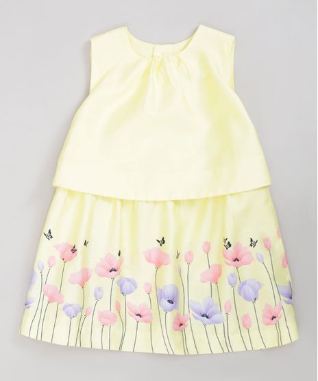 Vestido-Infantil-com-Flores-Sem-Manga-Decote-Redondo-Amarelo-9199667-Amarelo_1