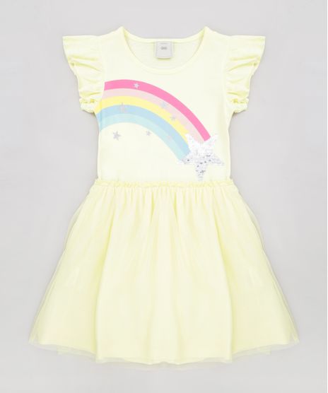 Vestido-Infantil-Arco-Iris-com-Paete-Dupla-Face-Manga-Curta-Decote-Redondo-Amarelo-Claro-9277946-Amarelo_Claro_1