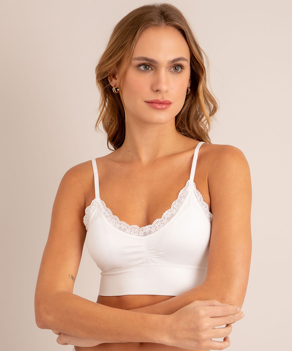 Sutiã Triangulo Cropped Sem Costura com Bojo Removível Branco