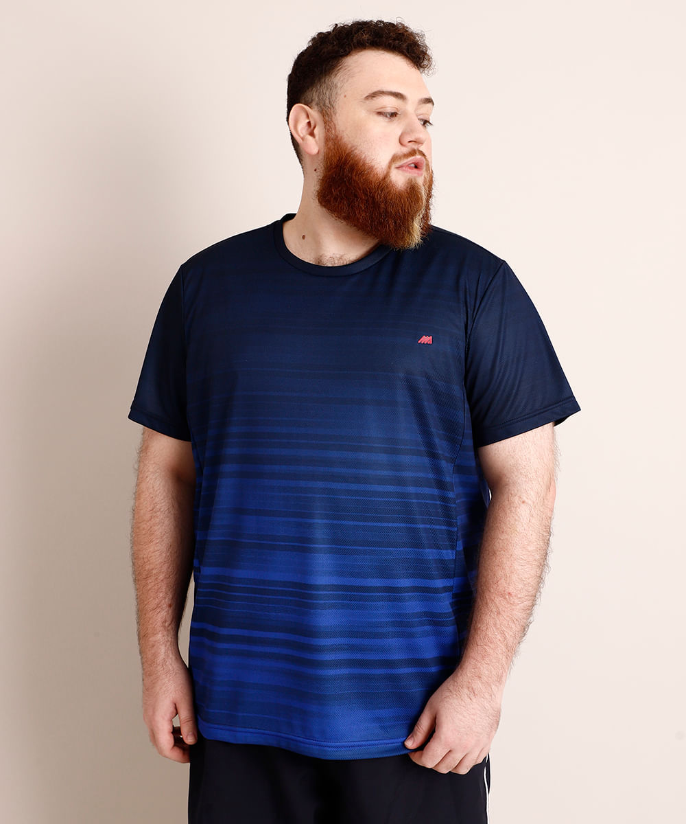 Camiseta Esportiva Ace Plus Size Degradê Listrada Manga Curta Gola Careca Azul