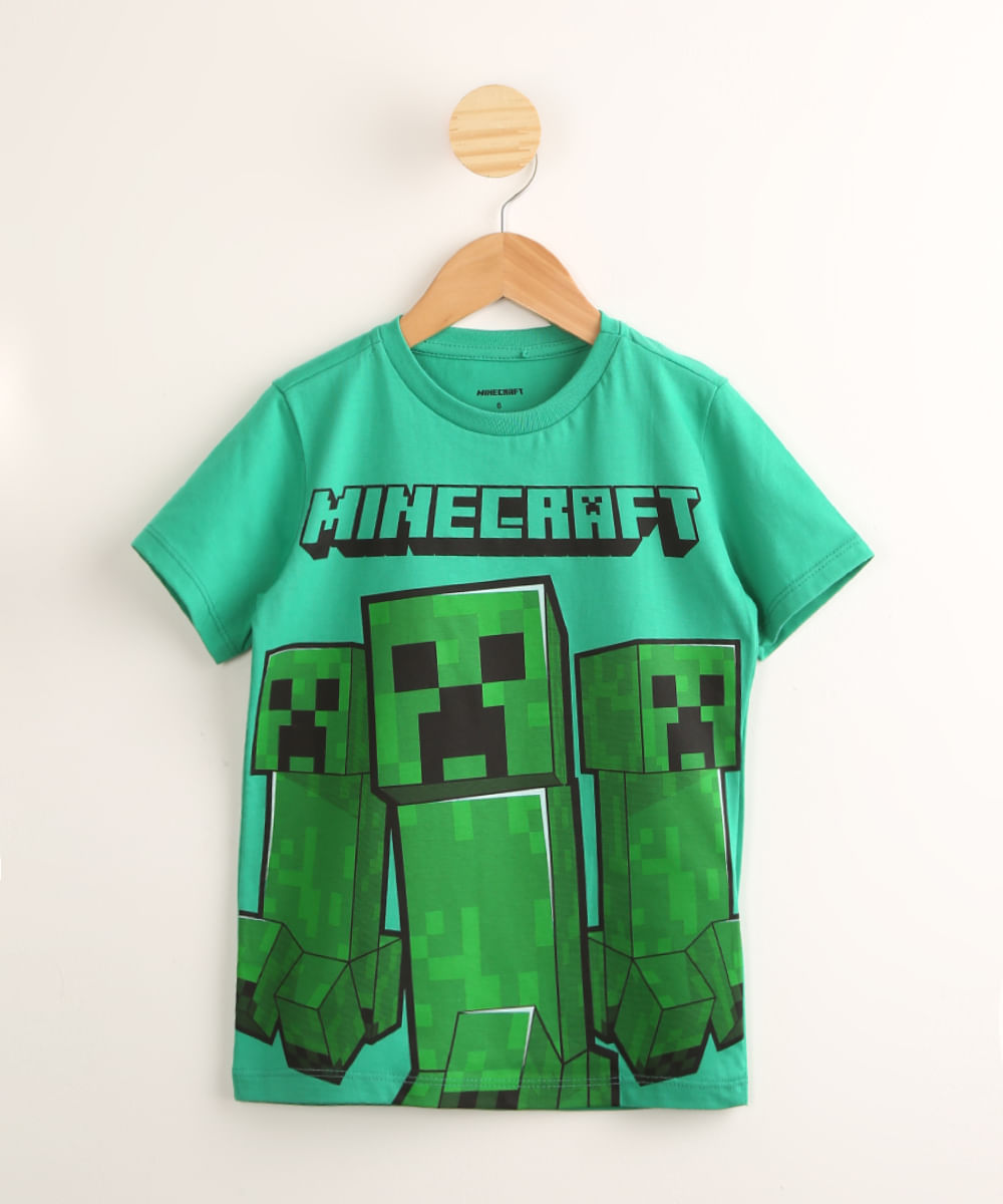 Camiseta Infantil de Algodão Minecraft Manga Curta Verde