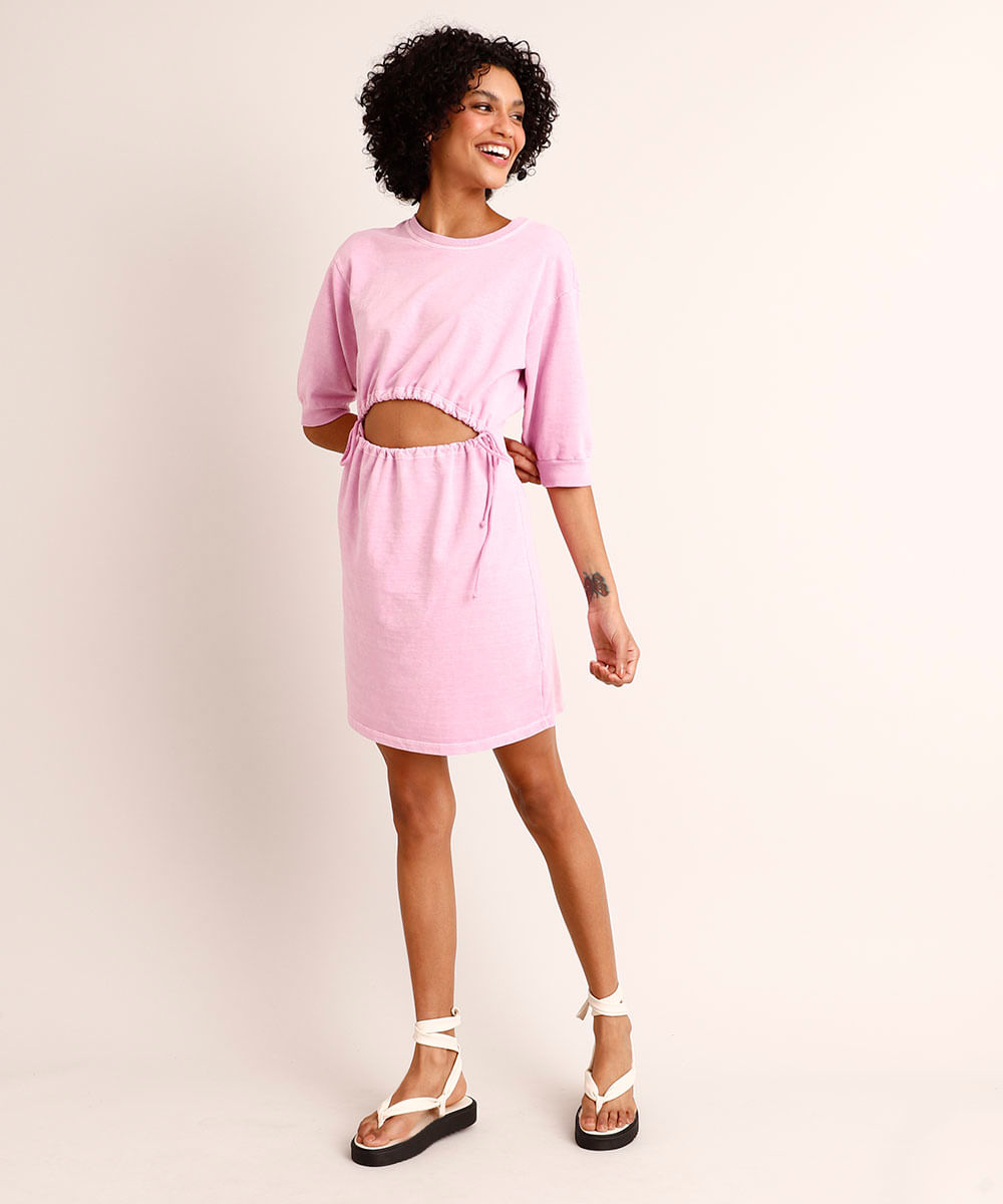 Vestido Curto de Moletom Cut Out Amarração Manga Bufante Rosa