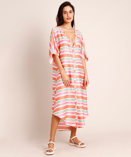 Saida-de-Praia-Chemise-Longa-de-Viscose-Listrada-Manga-Curta-Decote-V-Laranja-1012678-Laranja_1