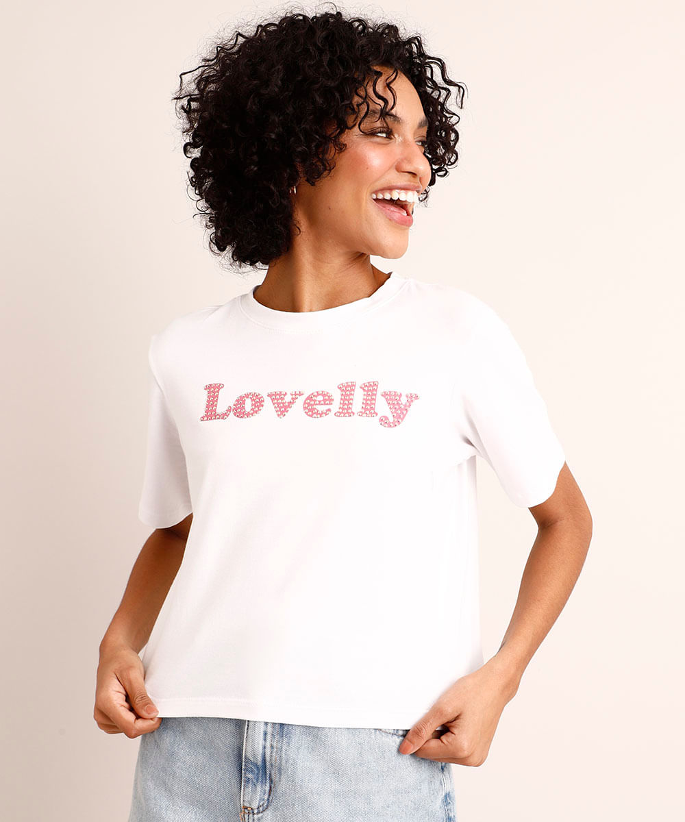 Camiseta Cropped "Lovely" com Strass Manga Curta Decote Redondo Branca