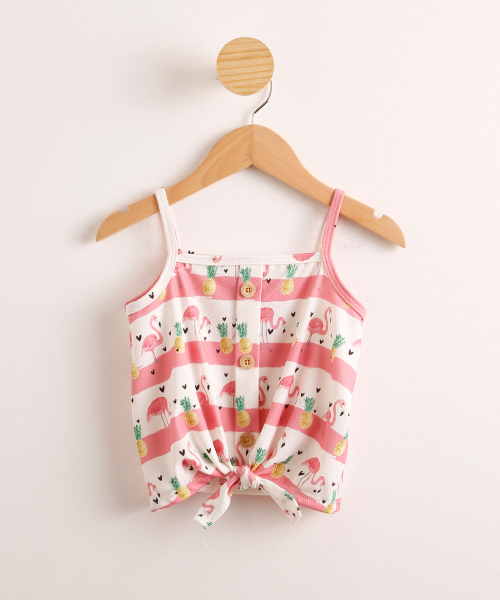 Regata Cropped Infantil Estampada Flamingos e Listras com Nó Multicor