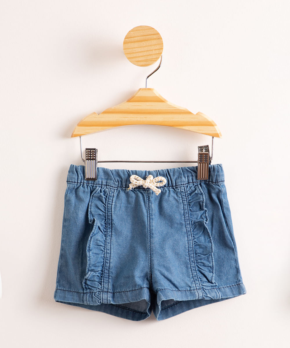 Short Infantil Jeans com Babados Azul Médio