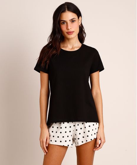 Pijama Feminino Manga Curta Estampado Poá Preto