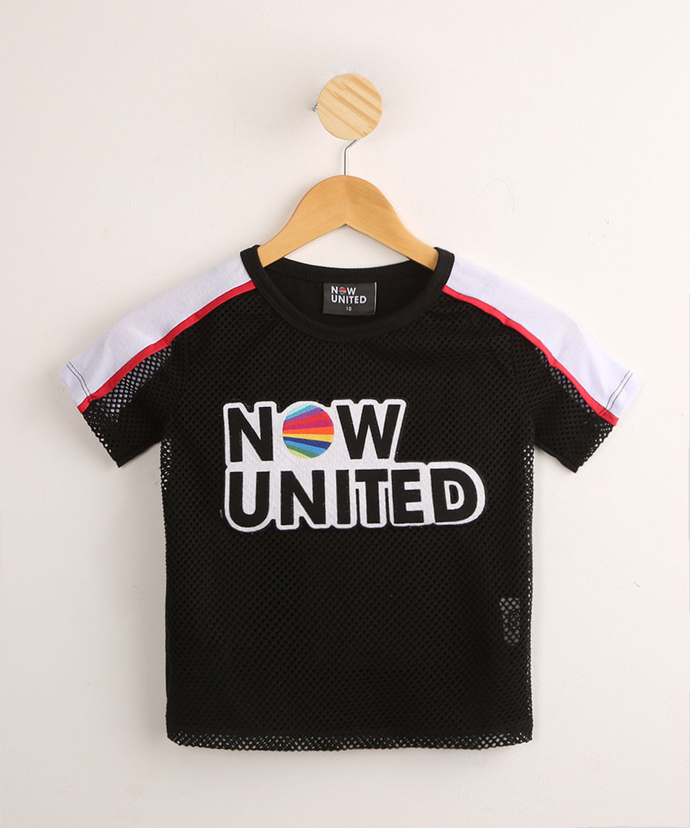 Blusa Cropped Juvenil Now United com Sobreposição Tela Manga Curta Preta