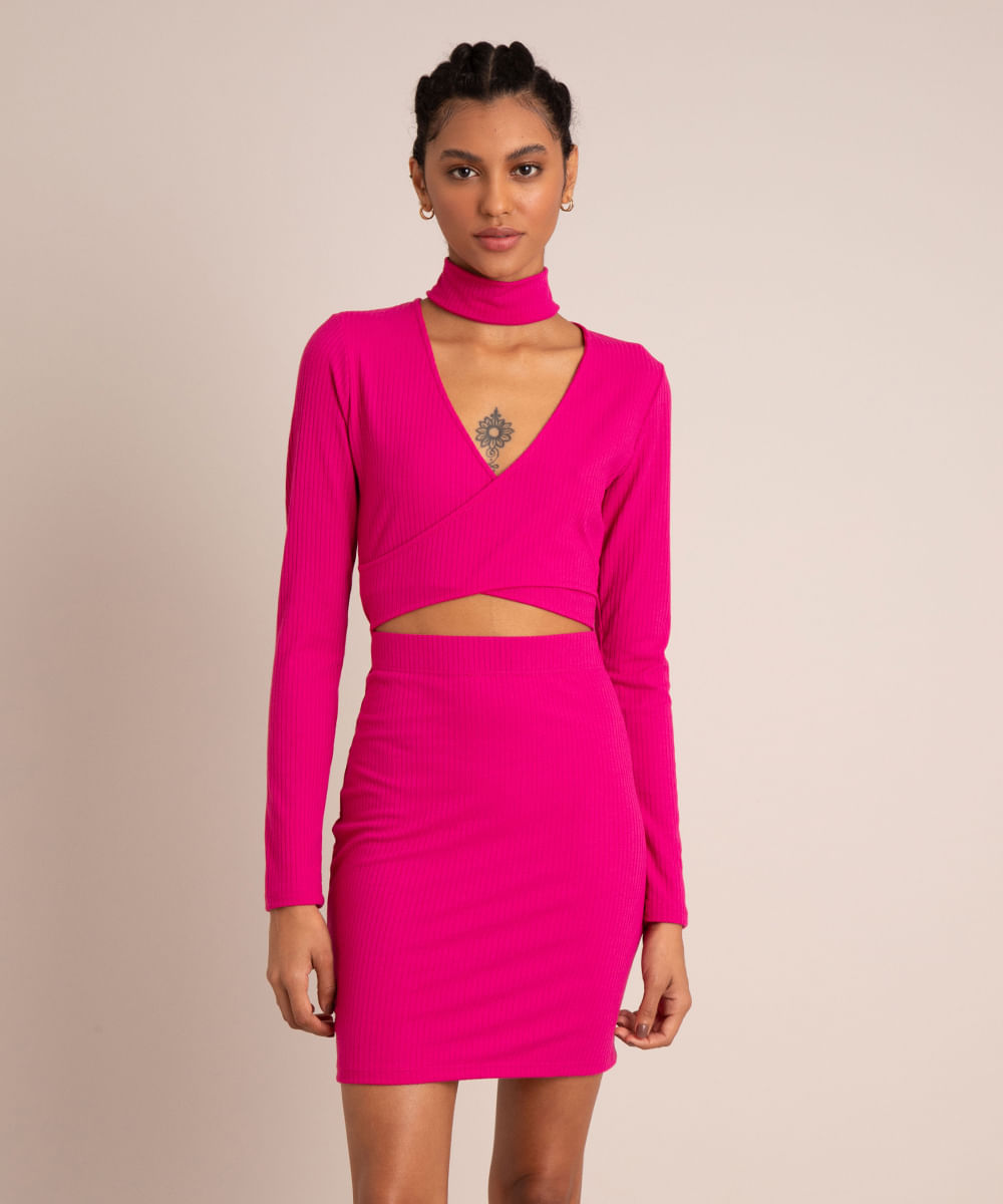 Vestido Curto Canelado Cut Out Manga Longa Rosa