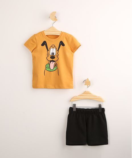 Conjunto-Infantil-de-Camiseta-Pluto-Manga-Curta-Mostarda---Bermuda-de-Moletom--Preta-9994747-Preto_1
