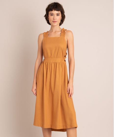 Vestido-Midi-de-Linho-Alca-Larga-com-Babado-Decote-Reto-Caramelo-9998720-Caramelo_1