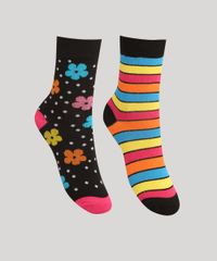 Kit-de-2-Meias-Cano-Medio-Estampada-Listrado-e-Floral-Multicor-1002181-Multicor_1