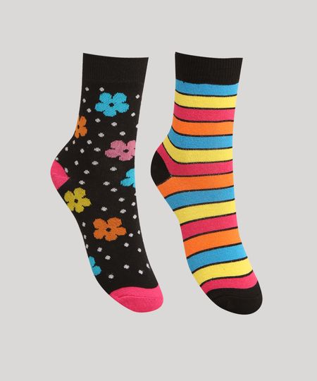 Kit-de-2-Meias-Cano-Medio-Estampada-Listrado-e-Floral-Multicor-1002181-Multicor_1