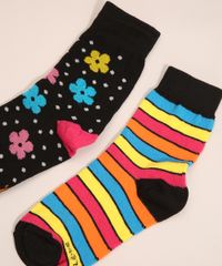 Kit-de-2-Meias-Cano-Medio-Estampada-Listrado-e-Floral-Multicor-1002181-Multicor_5