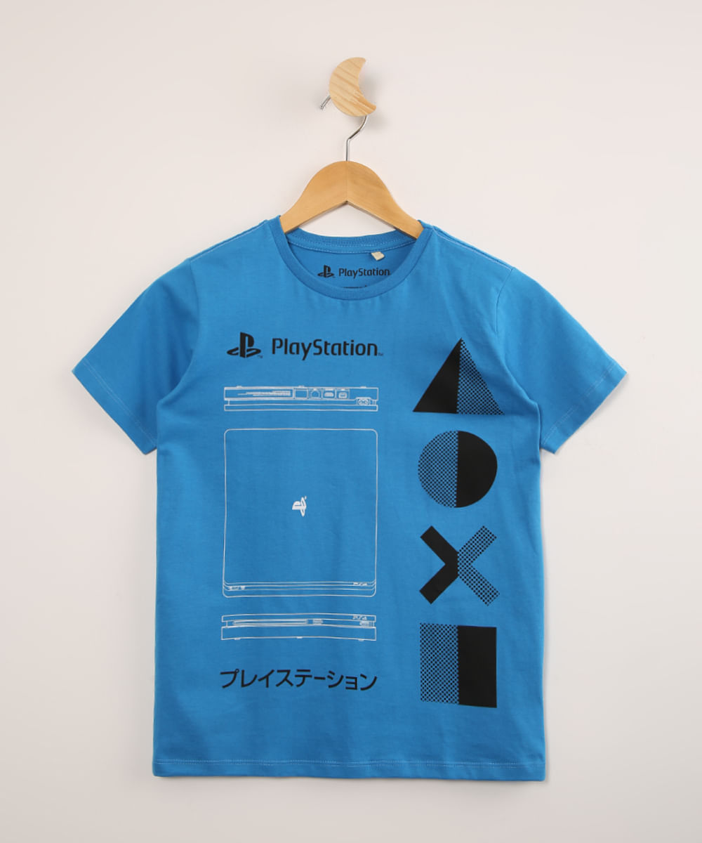 Camiseta Juvenil de Algodão PlayStation Manga Curta Azul