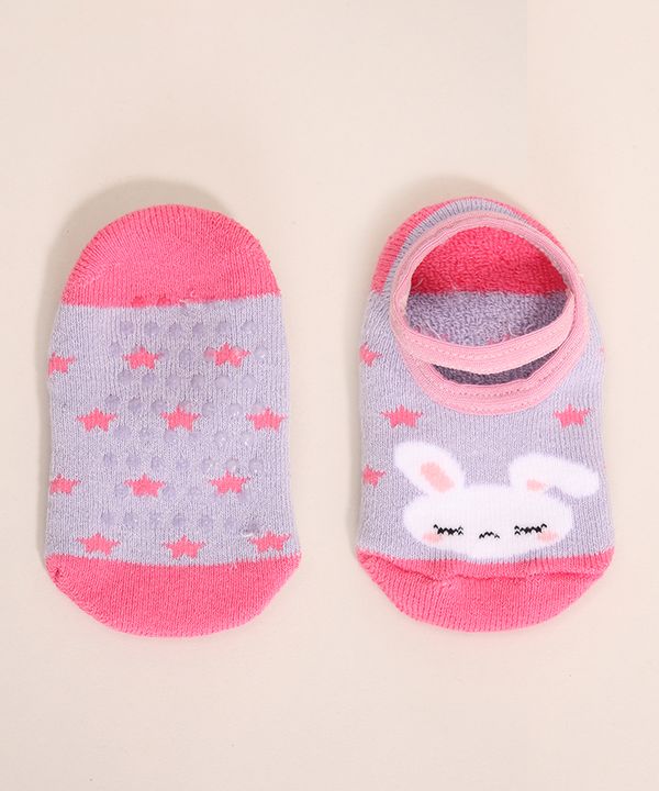 Meia Infantil Sapatilha com Elástico Coelho e Estrelas Antiderrapante Rosa 9-12