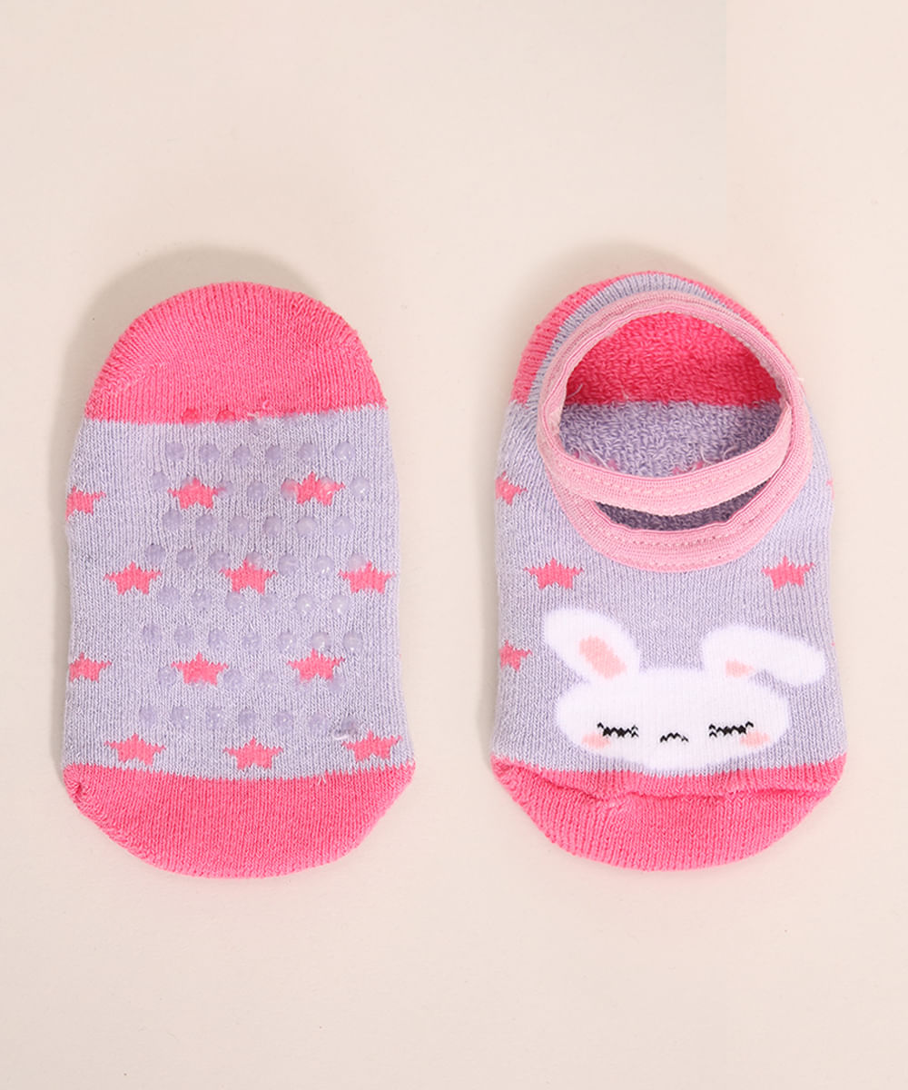 Meia Infantil Sapatilha com Elástico Coelho e Estrelas Antiderrapante Rosa