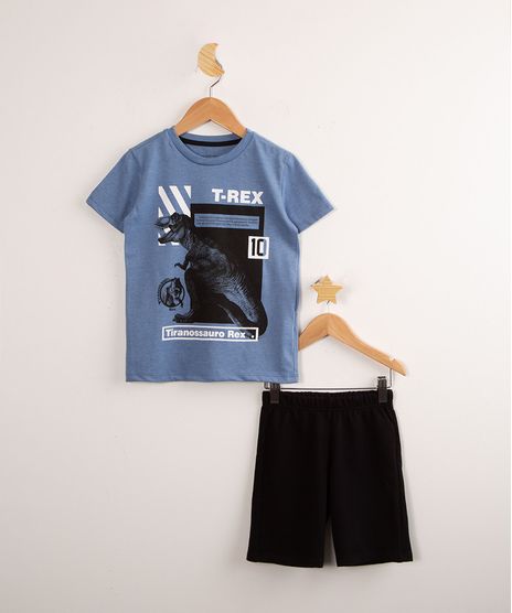 Conjunto-Infantil-de-Camiseta-Manga-Curta-Azul--T-Rex----Bermuda-de-Moletom-Preta-9994543-Preto_1