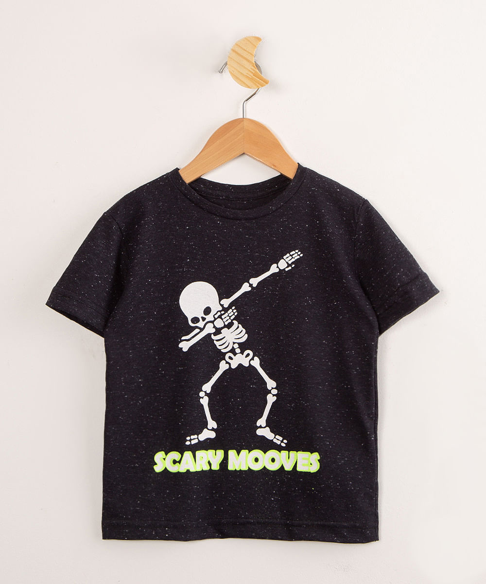 Camiseta Infantil Halloween Caveira Dançando Manga Curta Preta