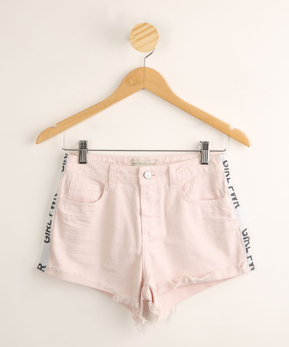 Short Infantil de Sarja "Everything" com Barra Desfiada Rosa Claro