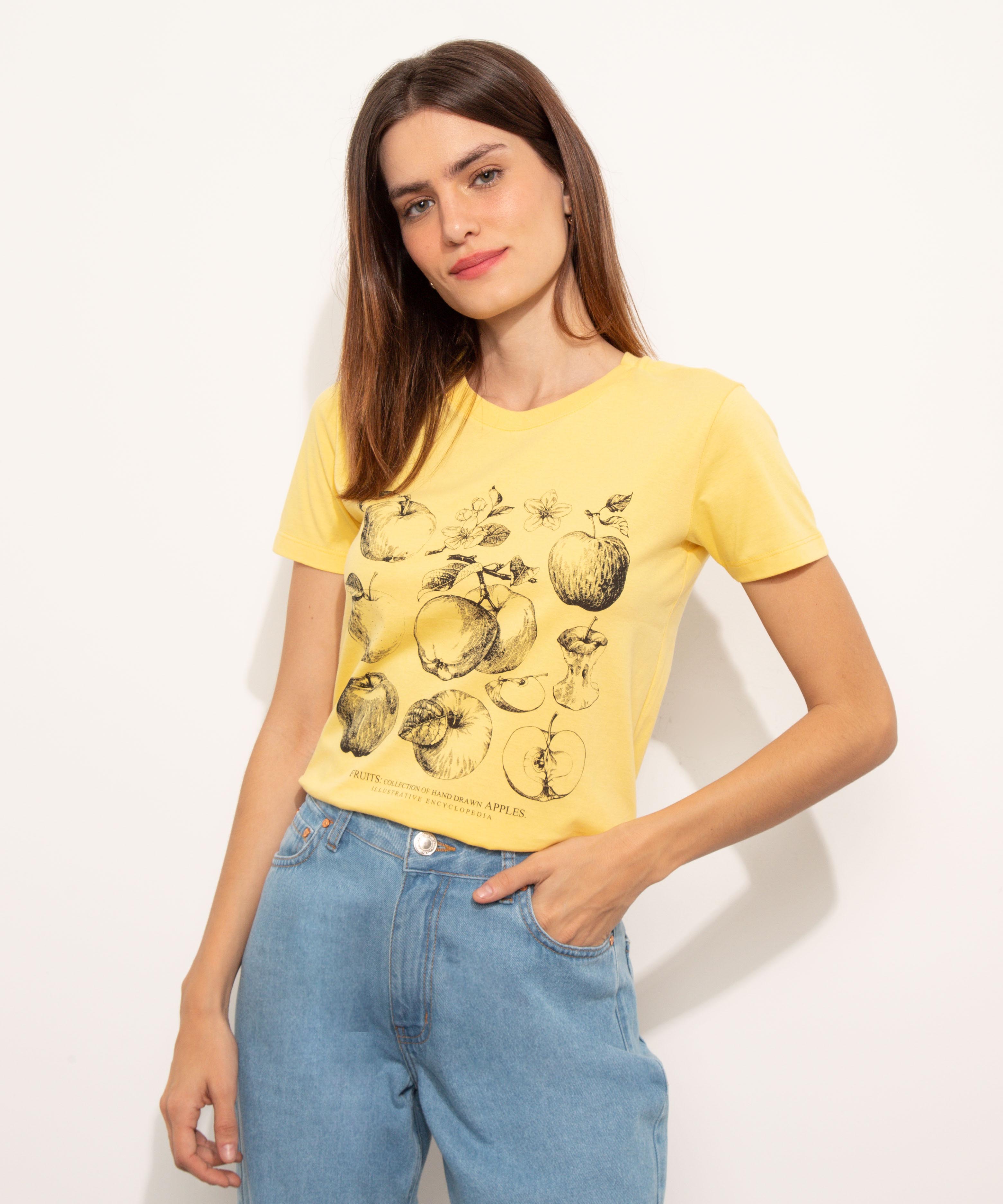 camiseta feminina mindset maçãs manga curta decote redondo amarela