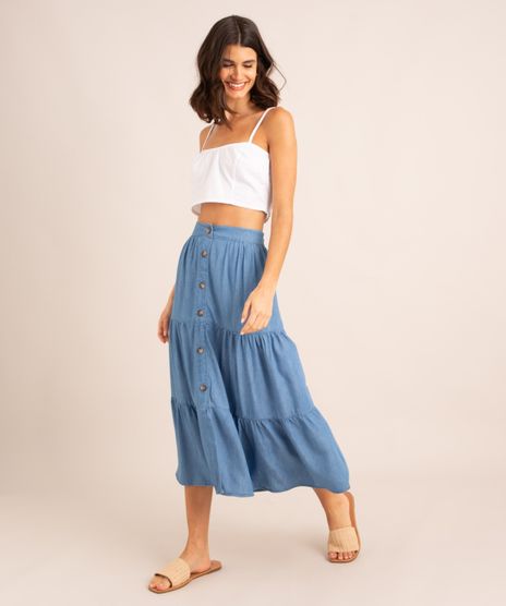 Saia Midi Jeans com Recortes e Botões