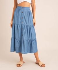 Saia Midi Jeans com Recortes e Botões vista frontal