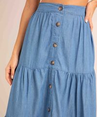 Cintura Saia Midi Jeans com Recortes e Botões