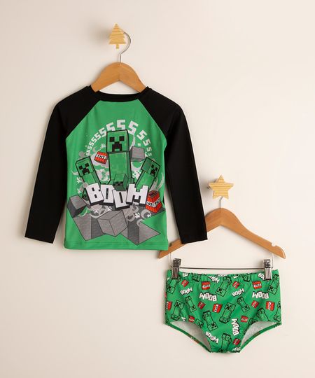 Conjunto-Infantil-de-Blusa-de-Praia-Raglan-Minecraft---Sunga-Boxer-com-Protecao-UV50--Verde-9998467-Verde_1