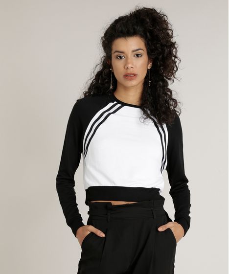 Blusa Feminina Em Moletom Cropped Raglan Com Listras Manga Longa