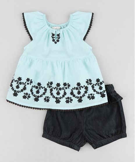 Conjunto-Infantil-de-Blusa-com-Bordado-Manga-Curta-Verde---Short-Jeans-com-Babados-Preto-9155521-Preto_1