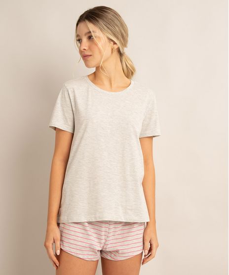 Pijama Feminino Manga Curta com Listras Cinza