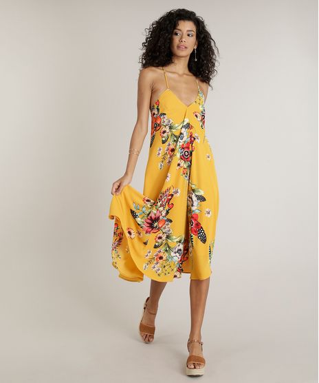 Vestido-Feminino-Midi-Amplo-Estampado-Floral-Alcas-Finas-Decote-V-Mostarda-9191187-Mostarda_1