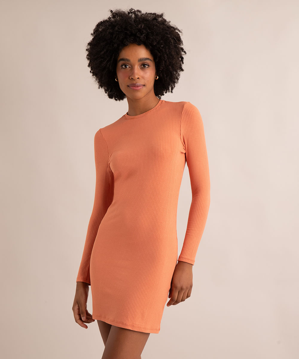 vestido curto canelado cut out manga longa decote redondo laranja