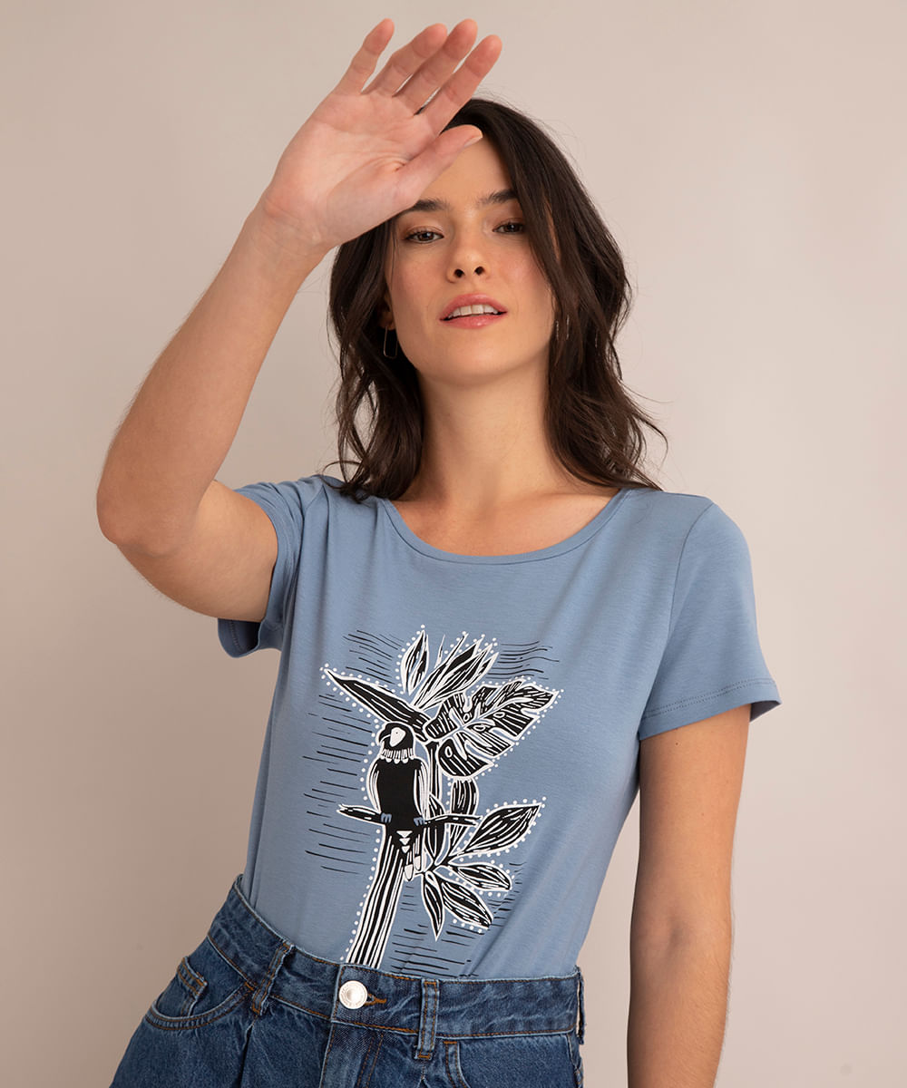 camiseta papagaio manga curta decote redondo azul