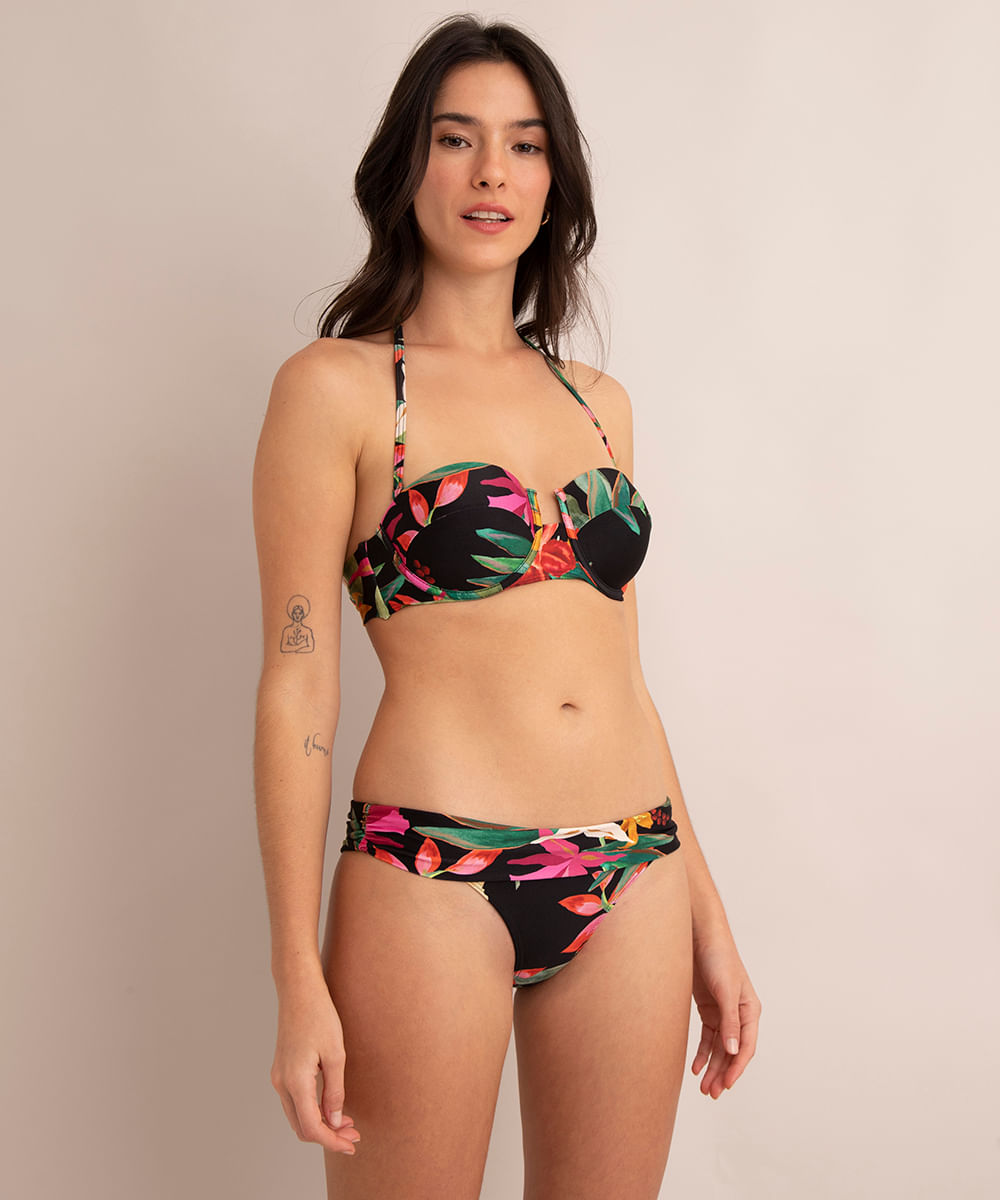 biquíni calcinha tanga estampada floral com proteção uv50+ preta