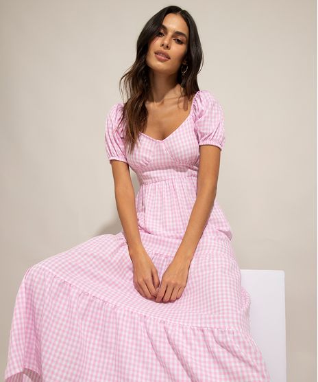 Vestido-Midi-de-Algodao-Estampado-Xadrez-Vichy-Manga-Bufante-Rosa-1001052-Rosa_1