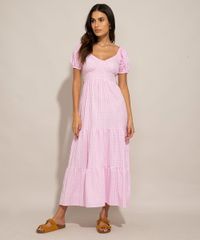 Vestido-Midi-de-Algodao-Estampado-Xadrez-Vichy-Manga-Bufante-Rosa-1001052-Rosa_2