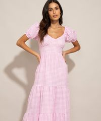 Vestido-Midi-de-Algodao-Estampado-Xadrez-Vichy-Manga-Bufante-Rosa-1001052-Rosa_4