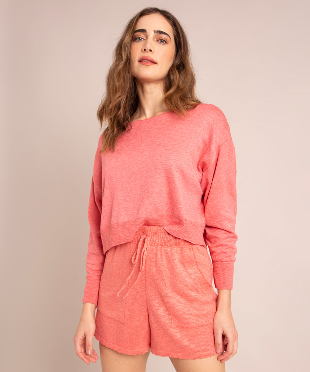 Suéter Cropped de Tricô Decote Redondo Coral