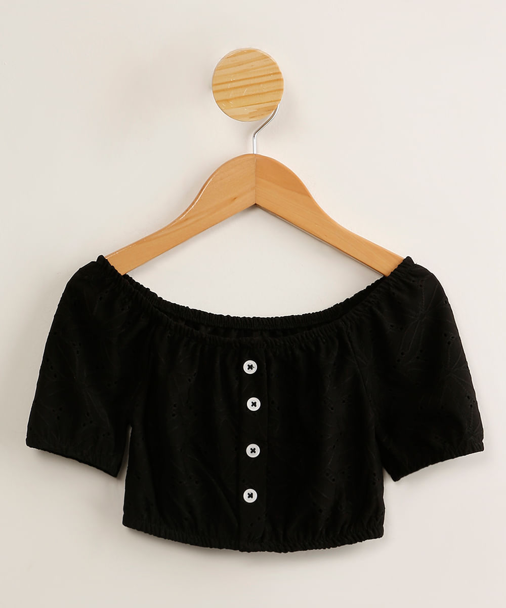 blusa cropped Infantil manga curta de laise preta