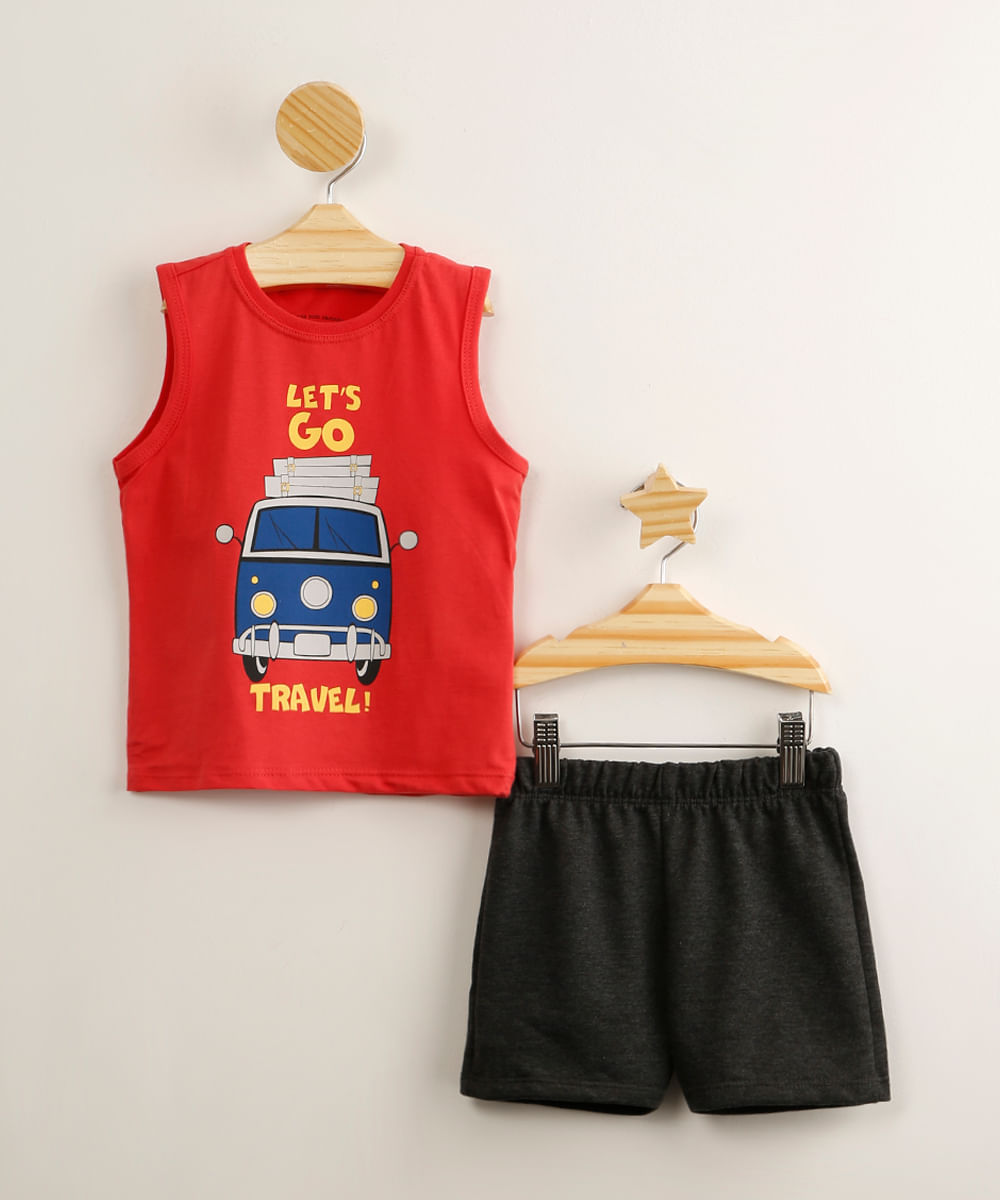 conjunto infantil de regata "let's go travel" vermelha + short de moletom cinza mescla escuro