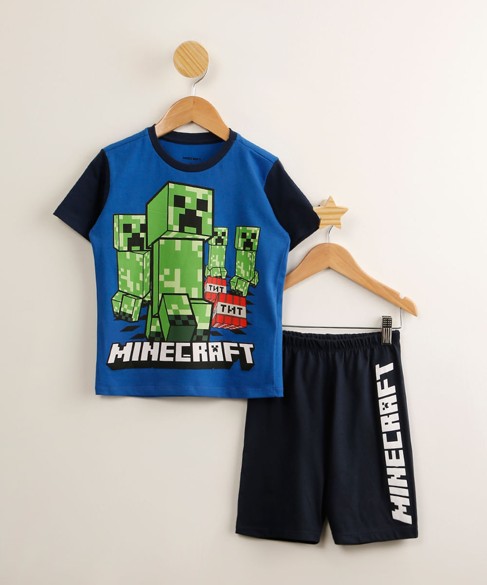 pijama infantil de algodão manga curta minecraft azul