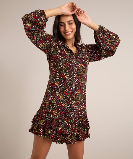 Vestido Chemise Curto De Viscose Floral Com Babados Manga Longa Preto