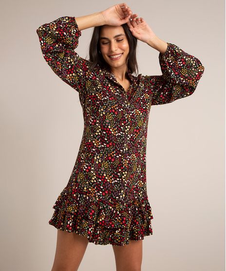 Vestido Chemise Curto De Viscose Floral Com Babados Manga Longa Preto