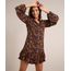 Vestido Chemise Curto De Viscose Floral Com Babados Manga Longa Preto