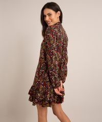 Parte de trás de Vestido Chemise Curto De Viscose Floral Com Babados Manga Longa Preto